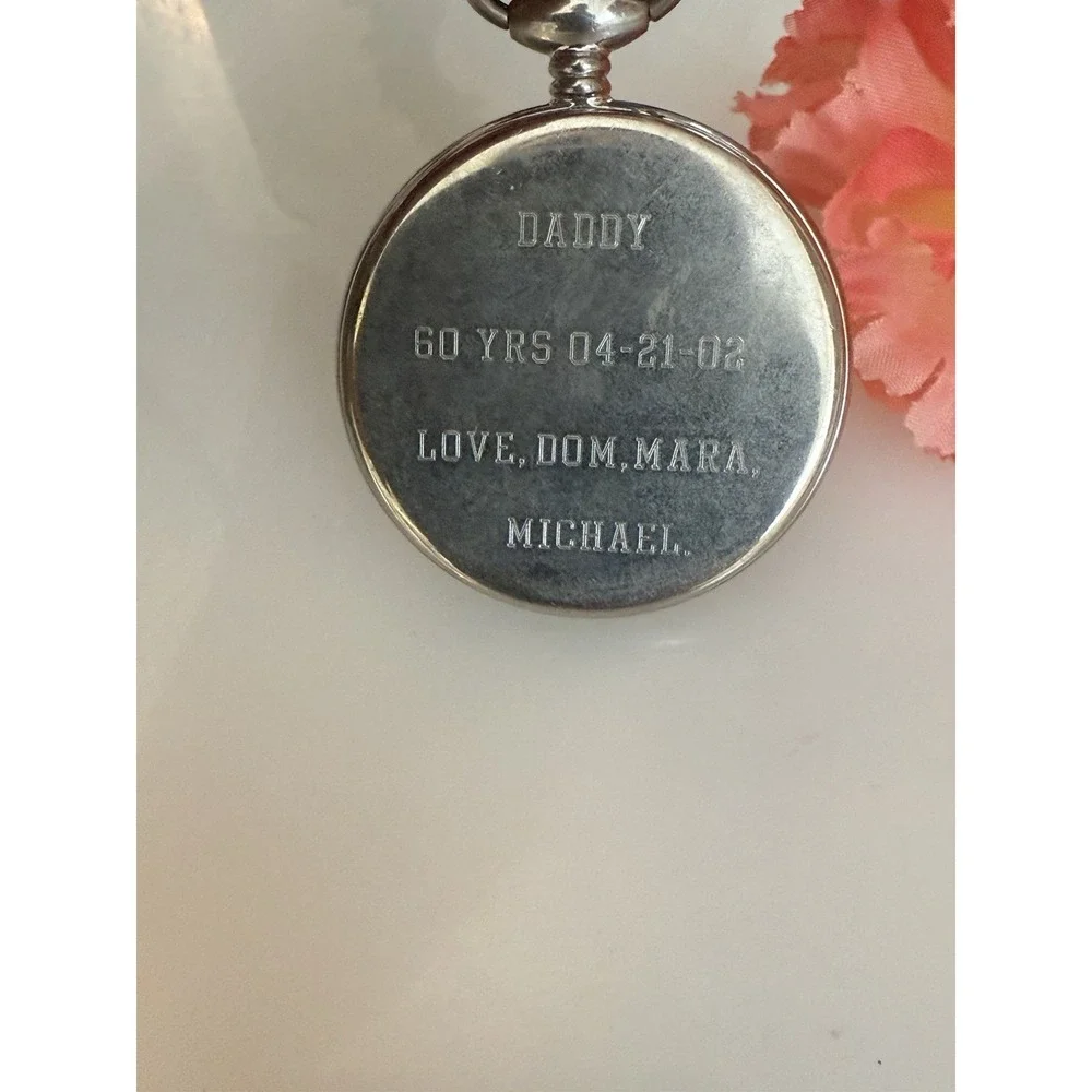 2002 Majesti Pocket‎ Watch with Inscription In Back As is Chain Silver Tone Blue